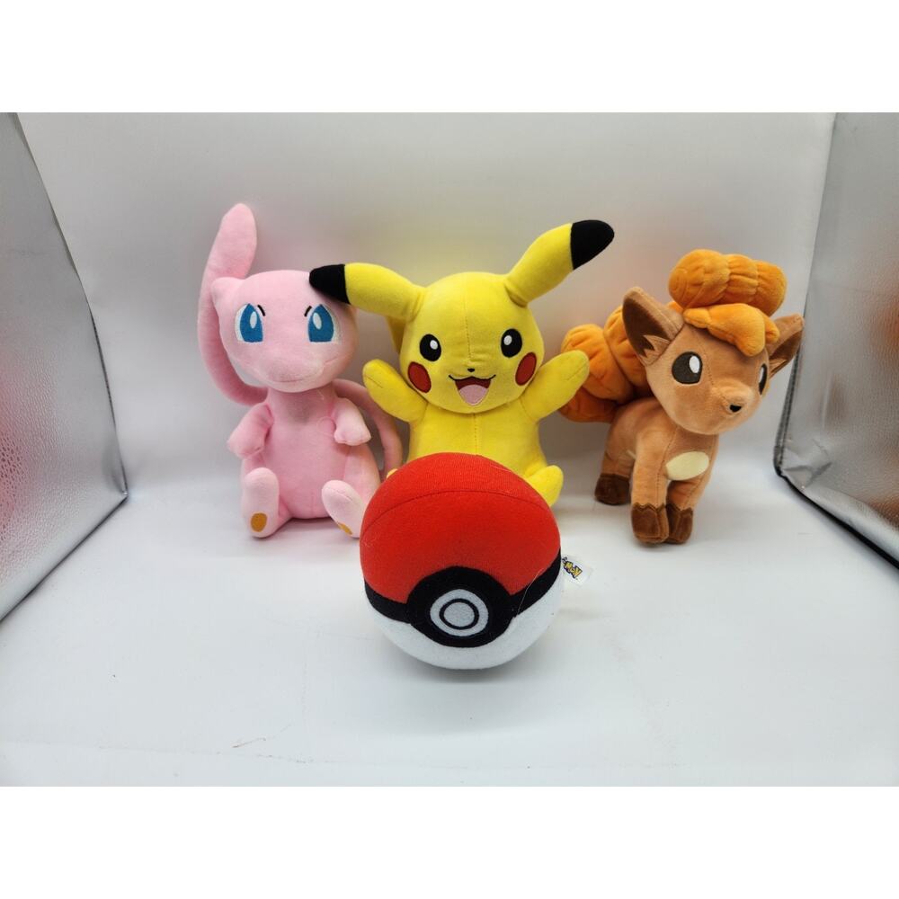 Lot Of 4 Pokemon Plushes Vulpix, Mew,Pikachu, & a Pokeball!